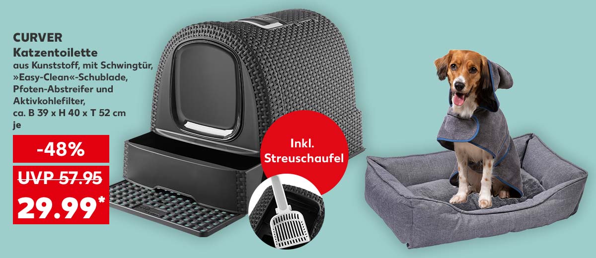 Curver Katzentoilette, aus Kunststoff, mit Schwingtür, »Easy-Clean«-Schublade, Pfoten-Abstreifer und Aktivkohlefilter, ca. B 39 x H 40 x T 52 cm, je für 29.99 Euro* (UVP = 57.95 Euro); Störer: Inkl. Streuschaufel; Weitere Produktabbildung: Haustierkissen, DOBAR Bademantel für Hunde