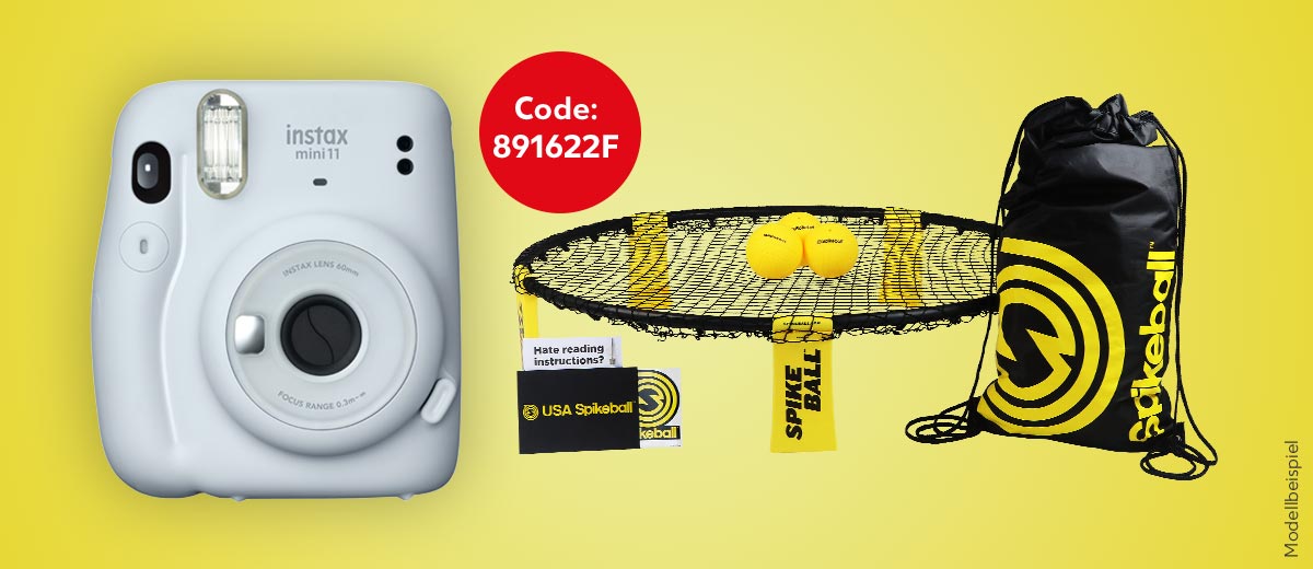 Abbildung: Instax Mini Sofortbildkamera, Spikeball Einsteiger-Set; Störer: Code: 891622F; Schriftzug: Modellbeispiel