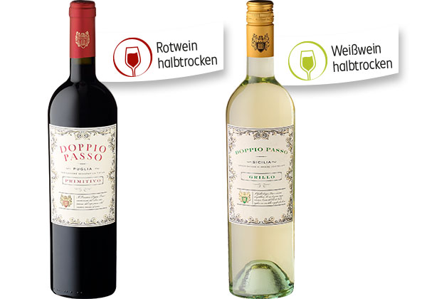 Doppio Passo Primitivo IGT oder Grillo DOC; Fähnchen an der Flasche: Rotwein halbtrocken; Fähnchen an der Flasche: Weißwein halbtrocken