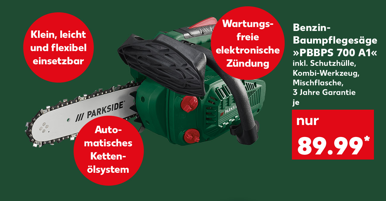 Benzin Baumpflegesäge »PBBPS 700 A1«, inkl. Schutzhülle, Kombi-Werkzeug, Mischflasche, 3 Jahre Garantie, je für 89.99 Euro*; Störer: Klein, leicht und flexibel einsetzbar; Störer: Automatisches Kettenölsystem; Störer: Wartungsfreie elektronische Zündung