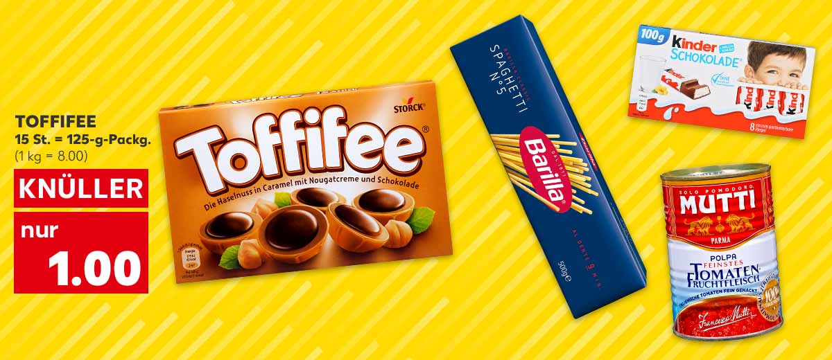 Toffifee, 15 St. = 125-g-Packg. für 1.00 Euro (1 kg = 8.00); Weitere Produktabbildungen: Barilla Pasta, Kinder Schokolade oder Yogurette, Mutti Ital. Tomaten