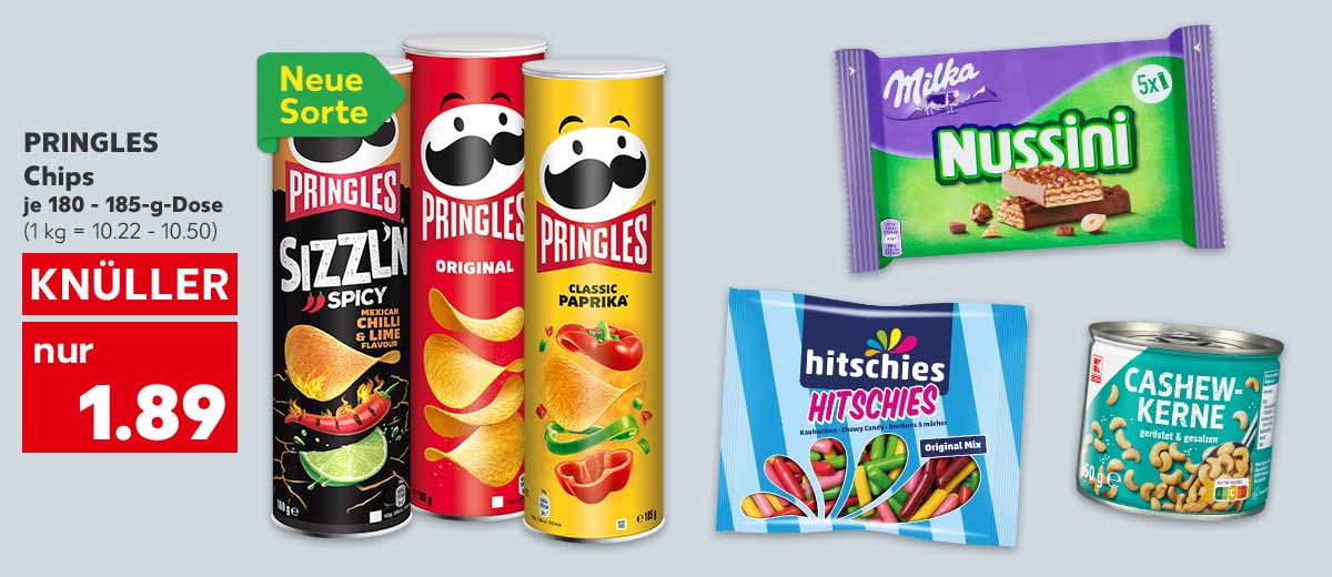 Pringles Chips, versch. Sorten, je 180 - 185-g-Dose für 1.89 Euro (1 kg = 10.22 - 10.50); Störer an Sorte „Sizzl'n": Neue Sorte; Weitere Produktabbildungen: Milka Riegel, Hitschies Hitschies, K-Classic Cashewkerne