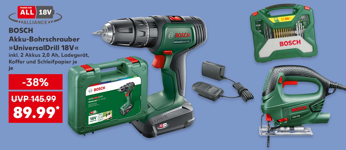 Bosch Akku-Bohrschrauber »UniversalDrill 18V«, inkl. 2 Akkus 2,0 Ah, Ladegerät, Koffer und Schleifpapier, je für 89.99 Euro* (UVP = 145.99 Euro); Weitere Produktabbildungen: Bosch Bohrer- und Schrauberbit-Set »X-Line«, Bosch Stichsäge »PST 650«