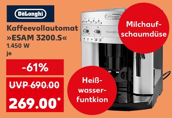 Logo: DeLonghi; Kaffeevollautomat »ESAM 3200.S«, 1.450 W, je für 269.00 Euro* (UVP = 690.00 Euro); Störer: Für Kaffeebohnen oder -pulver; Störer: Milchaufschaumdüse; Störer: Heißwasserfunktion