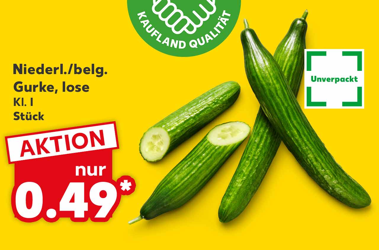 Niederl./belg. Gurke, lose, Stück für 0.49 Euro*; Logo: Unverpackt; Logo: Frischeversprechen Kaufland Qualität