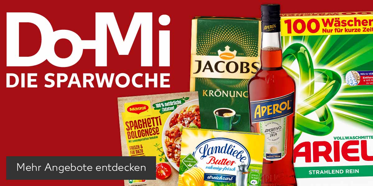 Schriftzug: Do-Mi Die Sparwoche; Produktabbildungen: Maggi Fix oder Würzpaste, Jacobs oder Café Hag Kaffee, Landliebe Butter, Aperol Aperitivo, Ariel Voll- oder Colorwaschmittel; Button: Mehr Angebote entdecken