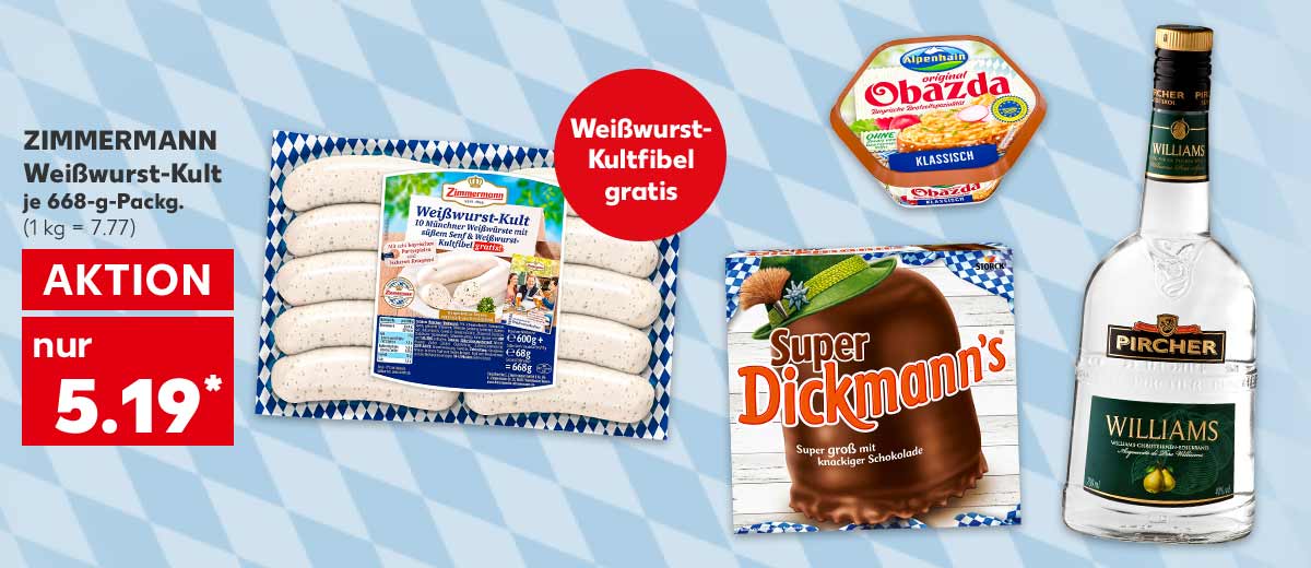 Zimmermann Weißwurst-Kult, je 668-g-Packg. für 5.19 Euro* (1 kg = 7.77); Störer: Weißwurst-Kultfibel gratis; Weitere Produktabbildungen: Storck Super-Dickmann's, Alpenhain Obazda, Pircher Williams