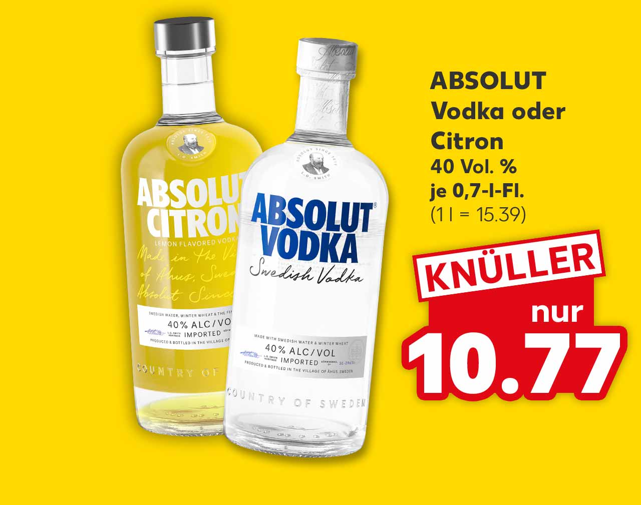 Absolut Vodka oder Citron, 40 Vol. %, je 0,7-l-Fl. für 10.77 Euro (1 l = 15.39)