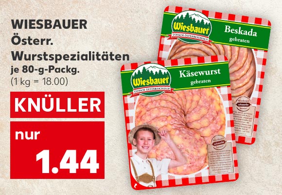 Wiesbauer Österr. Wurstspezialitäten, versch. Sorten, je 80-g-Packg. für 1.44 Euro (1 kg = 18.00)