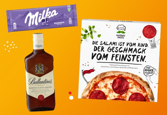 Produktabbildungen: Milka Schokolade, Gustavo Gusto Pizza, Ballantine's Finest Blended Scotch Whisky