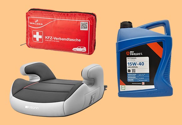 Produktabbildungen: Osann Kindersitzerhöhung »Junior Isofix«, My Project® Motorenöl, Walser Kfz-Verbandtasche 2022
