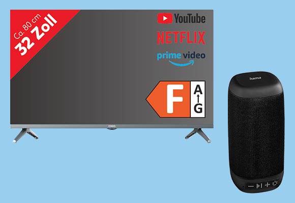 Collage: Chiq Smart-Full-HD-TV »L32M8TG«, Hama Bluetooth-Lautsprecher »Tube 2.0«