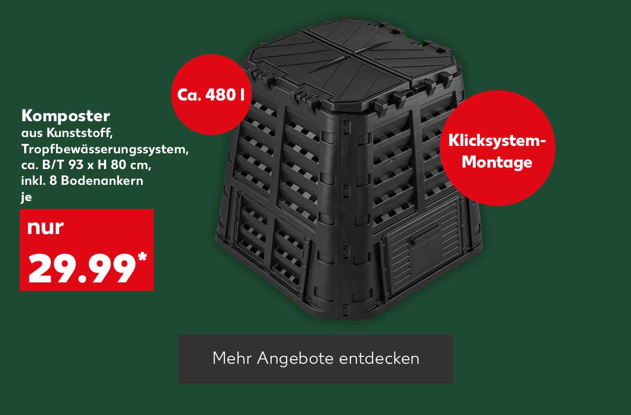 Komposter aus Kunststoff, Tropfbewässerungssystem, ca. B/T 93 x H 80 cm, inkl. 8 Bodenankern, je für 29.99 Euro*; Störer: Ca. 480 l; Störer: Klicksystem-Montage; Button: Mehr Angebote entdecken