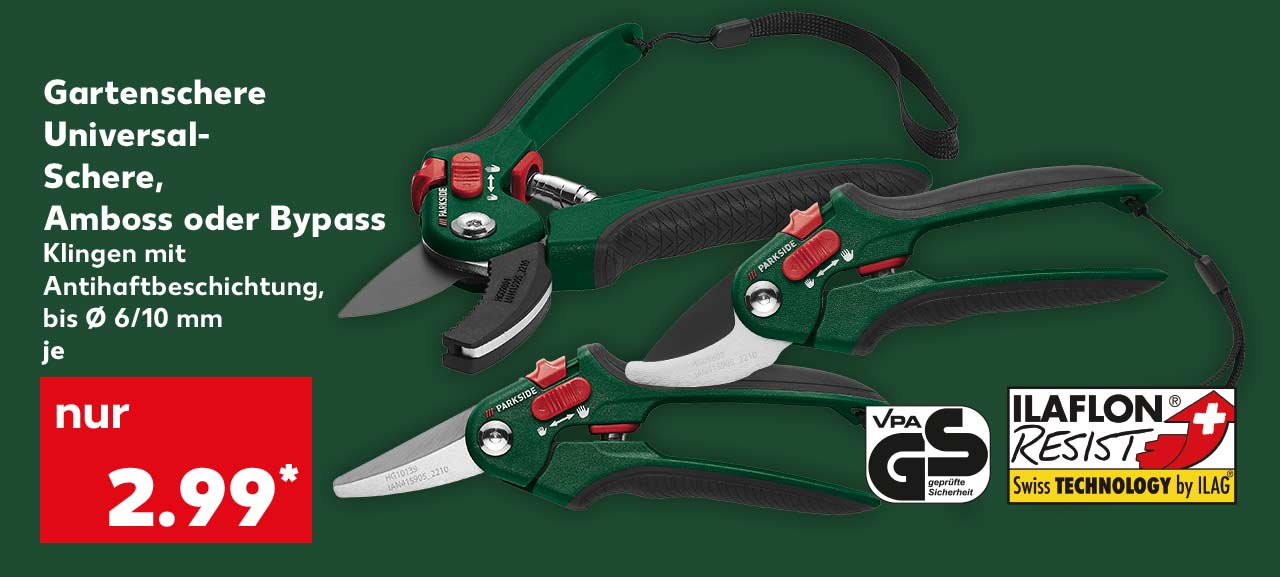 Gartenschere, Universal-Schere, Amboss oder Bypass, Klingen mit Antihaftbeschichtung, bis ⌀ 6/10 mm, je für 2.99 Euro*; Logo: GS; Logo: Ilaflon Resist