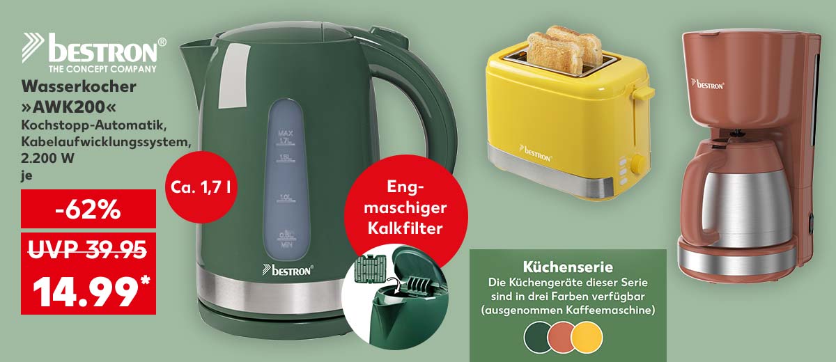 Logo: bestron®; Bestron Wasserkocher »AWK200«, Kochstopp-Automatik, Kabelaufwicklungssystem, 2.200 W, je für 14.99 Euro*; UVP = 39.95 Euro; Störer: Engmaschiger Kalkfilter; Störer: Ca. 1,7 l; Weitere Produktabbildungen: Bestron Toaster »ATS300«, Bestron Kaffeemaschine »ACM100«; Schriftzug: Küchenserie, Die Küchengeräte dieser Serie sind in drei Farben verfügbar (ausgenommen Kaffeemaschine); Abbildung: Drei runde Icons in den Farben grün, orange und gelb