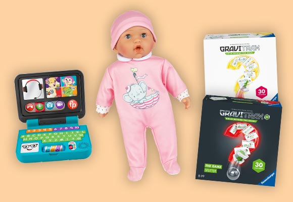 Produktabbildungen: Fisher-Price Lernspaß-Spielzeug, Kidland® Babypuppe mit Sound, Ravensburger GraviTrax - The Game