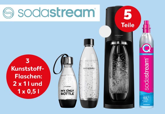 Logo: sodastream®; Produktabbildung: Sodastream Wassersprudler „Terra” Promo-Pack, Störer: 3 Kunststoff-Flaschen: 2 x 1 l und 1 x 0,5 l; Störer: weißer Farbkreis; Störer: 5 Teile