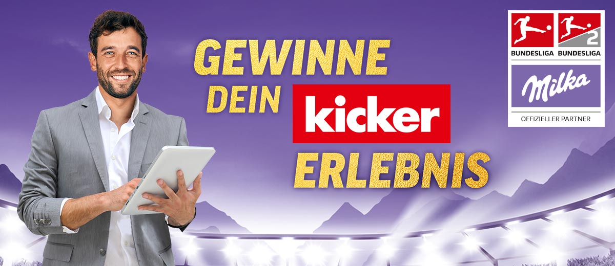 Schriftzug: Gewinne dein kicker Erlebnis; Logo: Milka, Fußball-Bundesliga; Abbildung: kicker-Reporter mit Tablet in der Hand