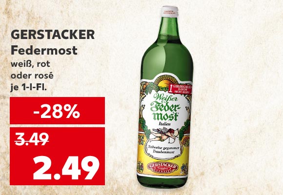 Gerstacker Federmost, weiß, rot oder rosé, je 1-l-Fl. für 2.49 Euro