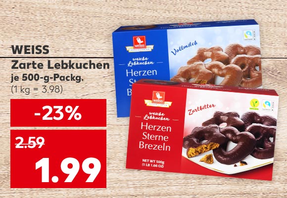 Weiss Zarte Lebkuchen, je 500-g-Packg. für 1.99 Euro (1 kg = 3.98)