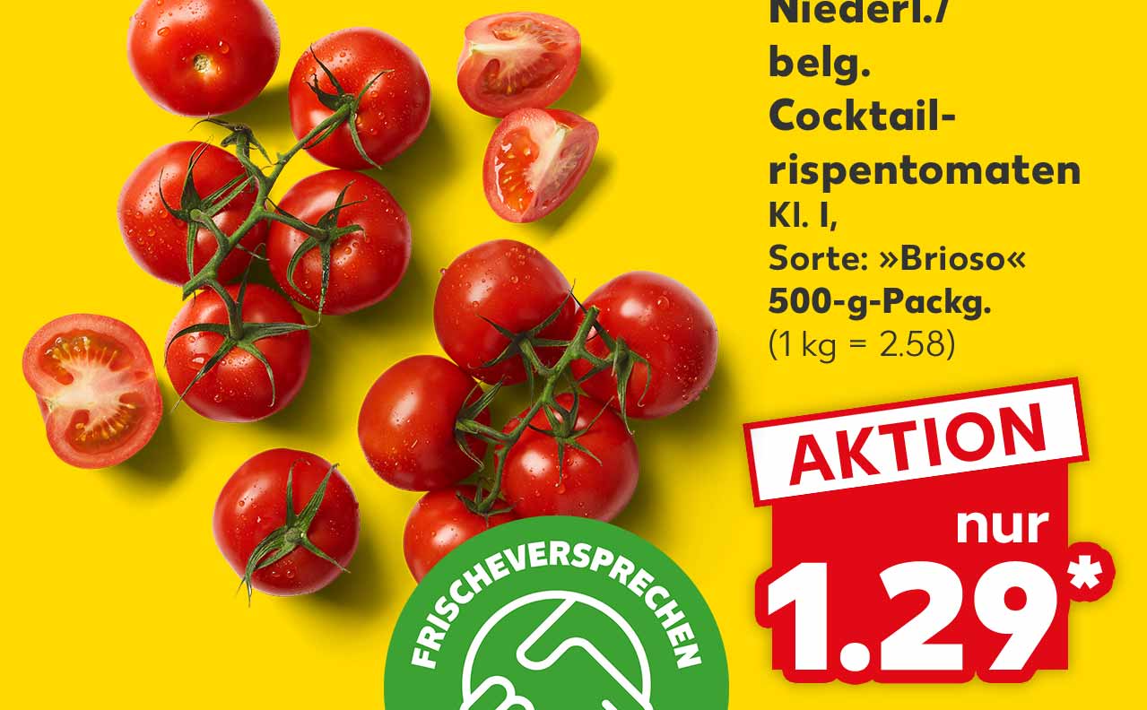 Niederl./belg. Cocktailrispentomaten, Kl. I, Sorte: »Brioso«, 500-g-Packg. für 1.29 Euro* (1 kg = 2.58); Logo: Frischeversprechen Kaufland Qualität