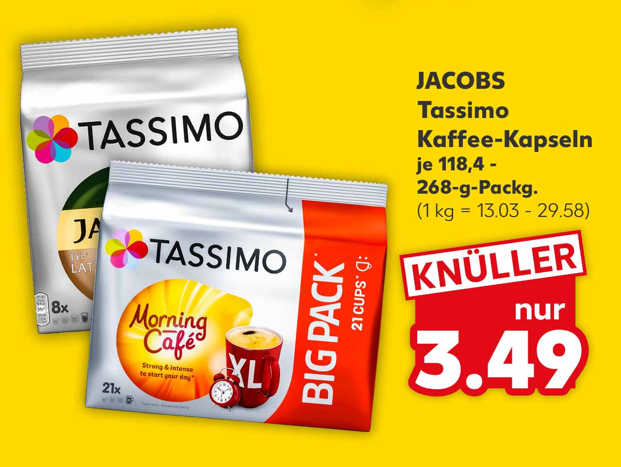 Jacobs Tassimo Kaffee-Kapseln, versch. Sorten, je 118,4 - 268-g-Packg. für 3.49 Euro (1 kg = 13.03 - 29.58)