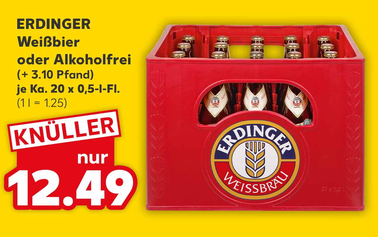 Erdinger Weißbier oder Alkoholfrei, (+ 3.10 Pfand), je Ka. 20 x 0,5-l-Fl. für 12.49 Euro (1 l = 1.25)
