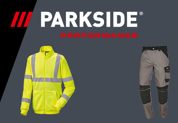 Logo: PARKSIDE® Performance; Produktabbildungen: Parkside® Performance Herren-Sweatjacke, Parkside® Performance Arbeitshose