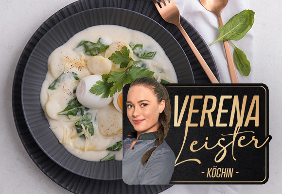 Rezept: Kartoffel-Ragout mit Spinat; Bild und Logo: Verena Leister - Köchin -