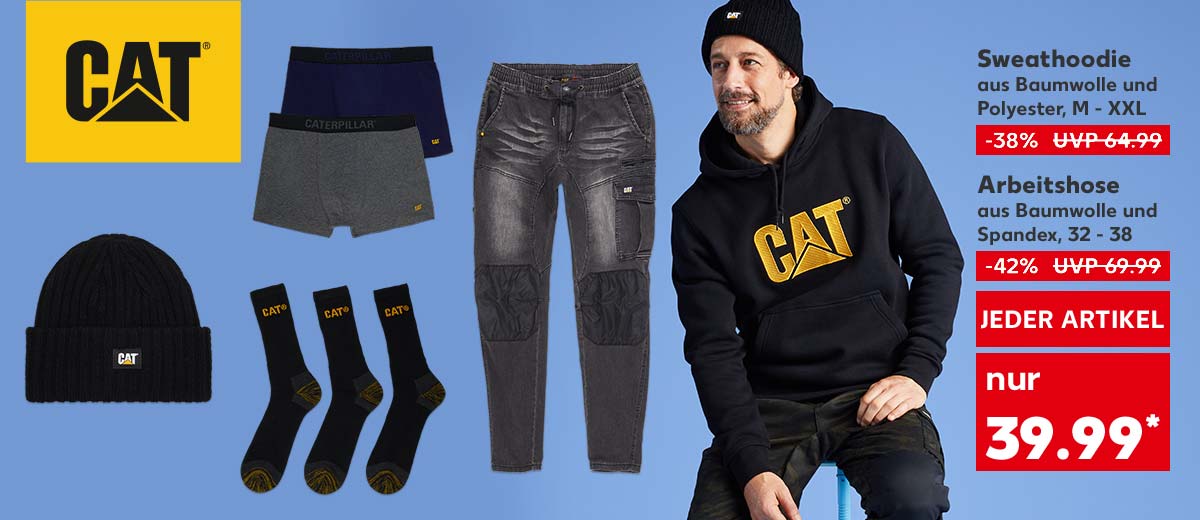 Logo: Caterpillar; Caterpillar Sweathoodie, aus Baumwolle und Polyester, M - XXL für 39.99 Euro* (UVP = 64.99 Euro); Caterpillar Arbeitshose, aus Baumwolle und Spandex, 32 - 38 für 39.99 Euro* (UVP = 69.99 Euro); Weitere Produktabbildungen: Caterpillar Strickmütze, Caterpillar Arbeitssocken, Caterpillar Boxershorts