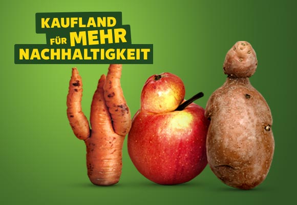 Abbildung: Obst und Gemüse in verschiedenen Formen und Mängeln; Logo: Kaufland für mehr Nachhaltigkeit