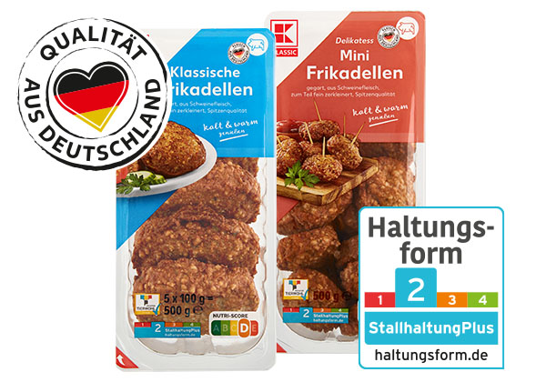 K-Classic Frikadellen, versch. Sorten; Logo: Haltungsform 2; Logo: Qualität aus Deutschland