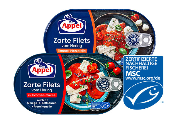 Appel Zarte Heringsfilets, versch. Sorten; Logo: MSC-zertifizierte nachhaltige Fischerei