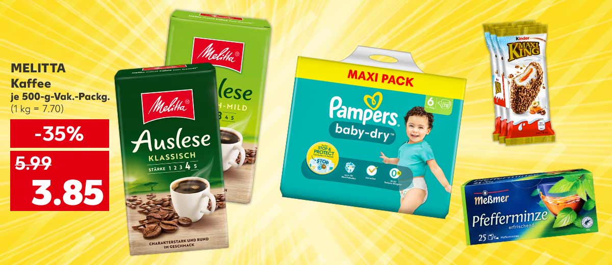 Melitta Kaffee, versch. Sorten, gemahlen, je 500-g-Vak.- Packg. für 3.85 Euro (1 kg = 7.70); Weitere Produktabbildungen: Pampers Maxi-Pack, Messmer Kräuter- oder Früchte-Tee, Kinder oder Milch-Schnitte Maxi King, Pingui Strawberry Melody oder Milchschnitte Pfirsich