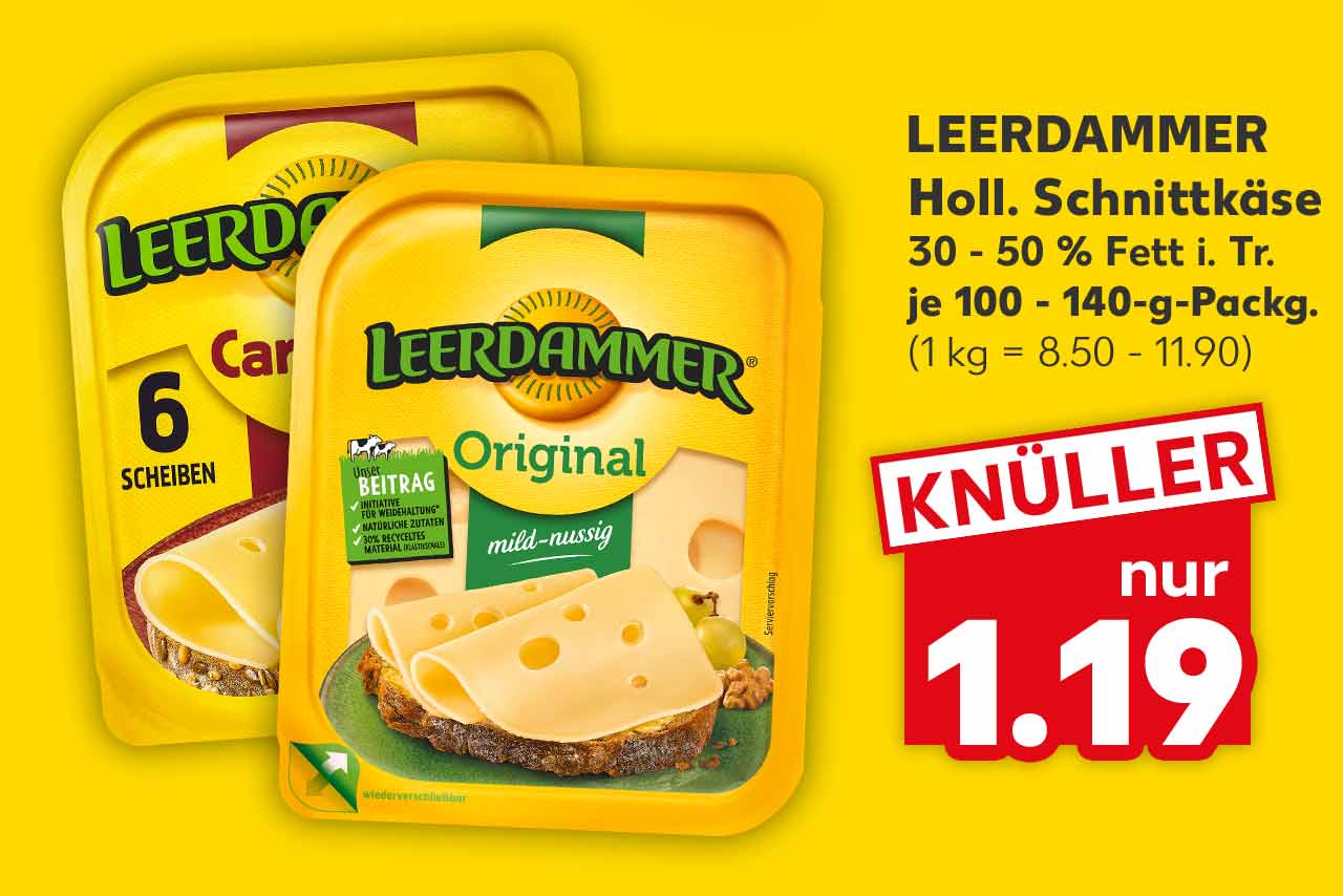 Leerdammer Holl. Schnittkäse, versch. Sorten, 30 - 50 % Fett i. Tr., je 100 - 140-g-Packg. für 1.19 Euro (1 kg = 8.50 - 11.90)