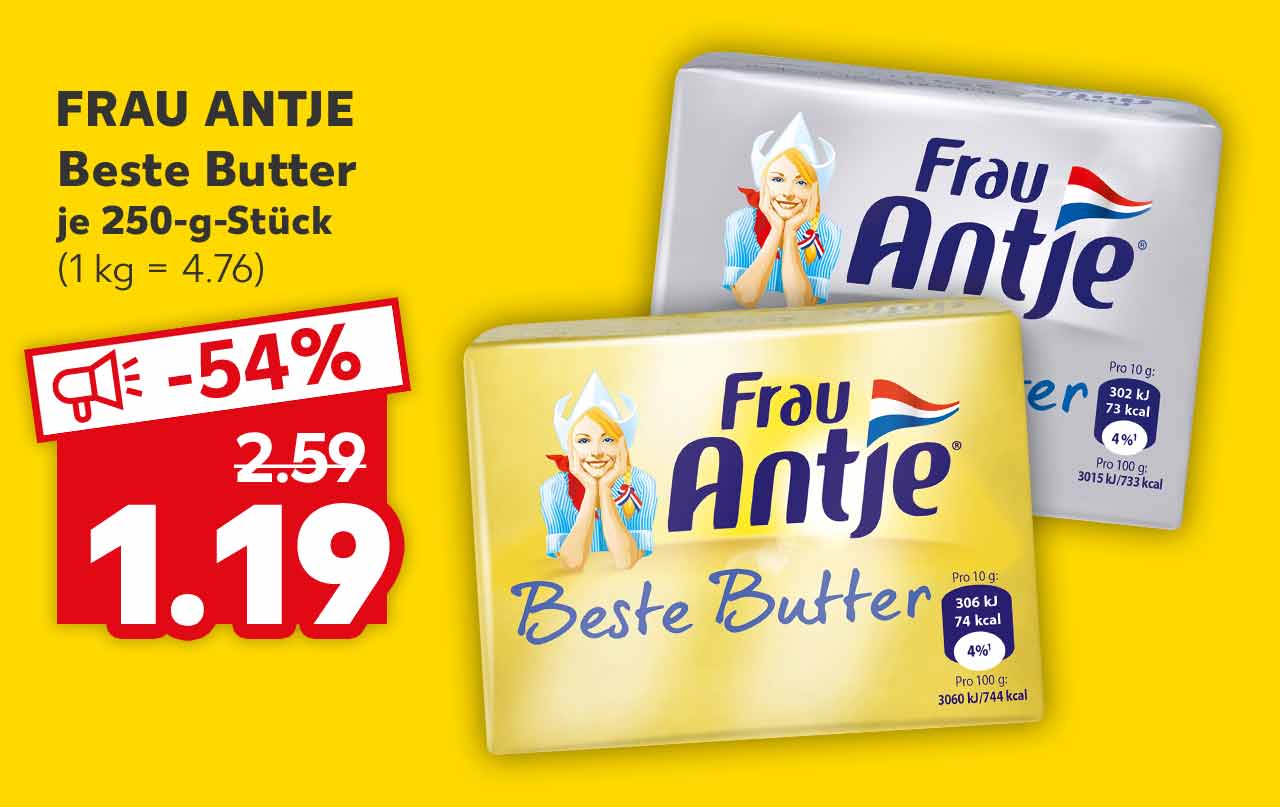 Frau Antje Beste Butter, versch. Sorten, je 250-g-Stück für 1.19 Euro (1 kg = 4.76)