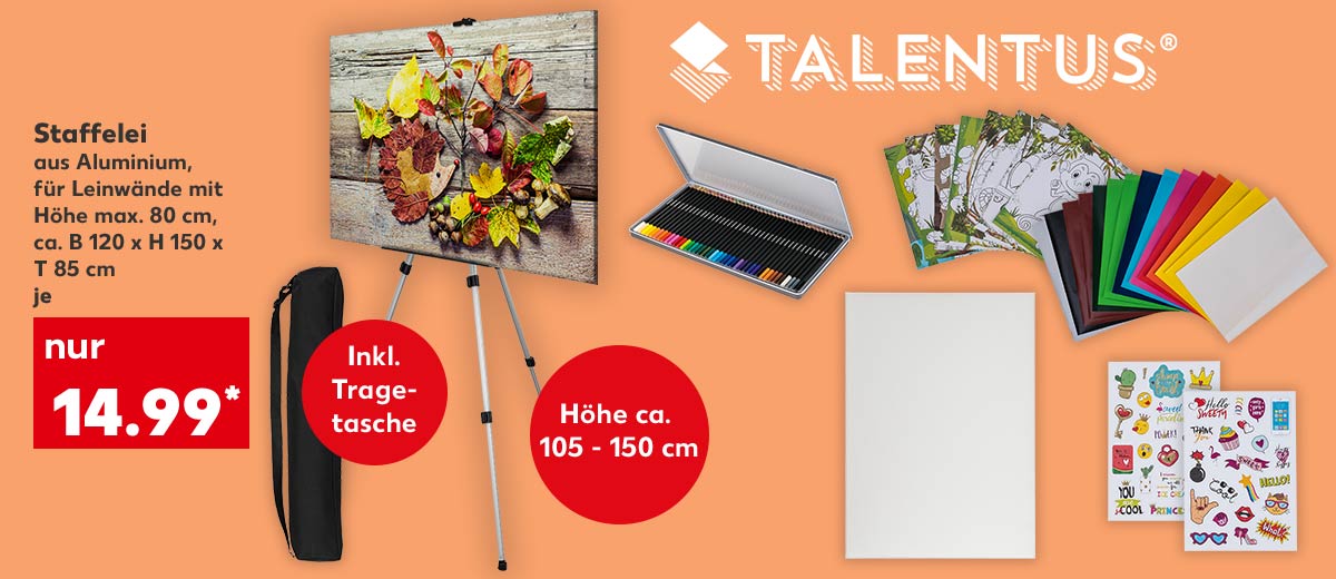Logo: Talentus®; Talentus® Staffelei, aus Aluminium, für Leinwände mit Höhe max. 80 cm, ca. B 120 x H 150 x T 85 cm, je für 14.99 Euro*; Störer: Inkl. Tragetasche; Störer: Höhe ca. 105 - 150 cm; Weitere Produktabbildungen: Talentus® Bastelset, Talentus® Künstlerbuntstifte, Talentus® Leinwände