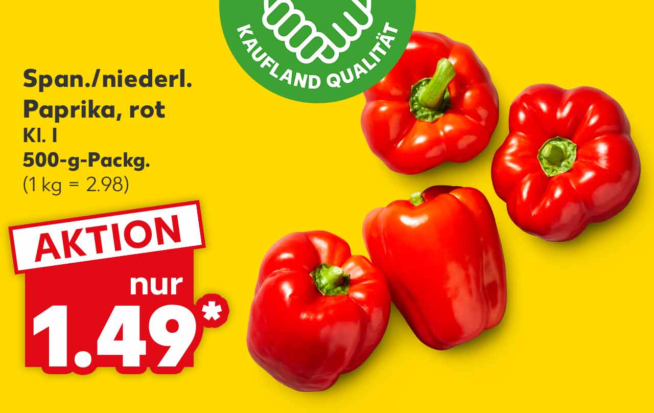 Span./niederl. Paprika, rot, Kl. I, 500-g-Packg. für 1.49 Euro* (1 kg = 2.98); Logo: Frischeversprechen Kaufland Qualität