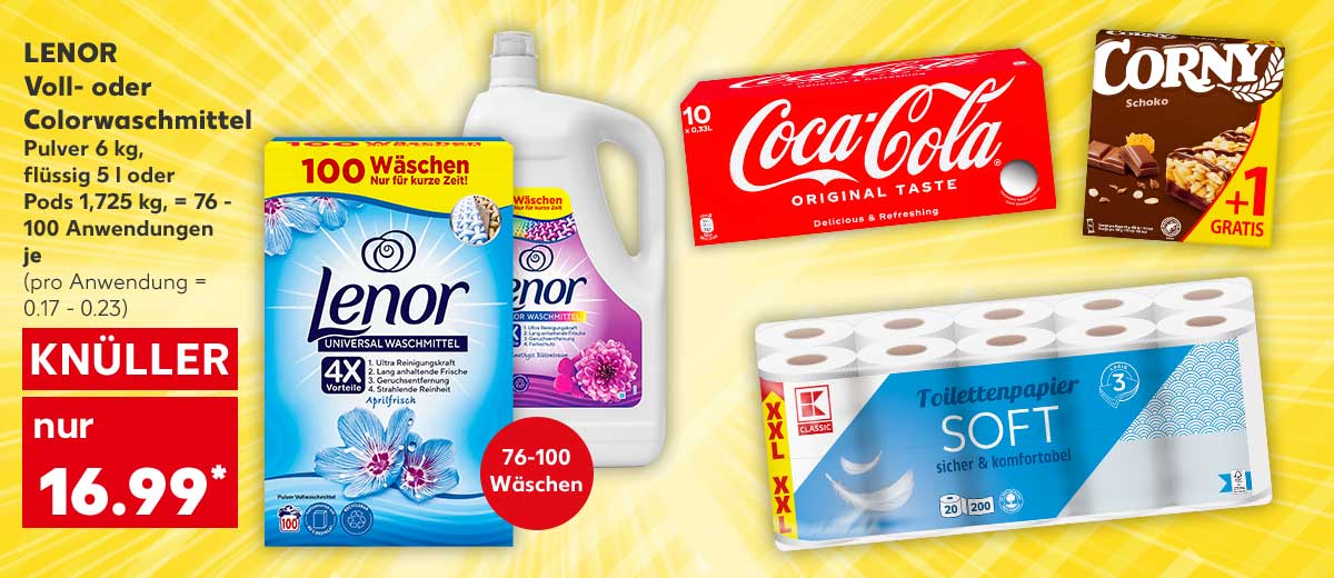 Lenor Voll- oder Colorwaschmittel, versch. Sorten, Pulver 6 kg, flüssig 5 l oder Pods 1,725 kg, = 76 - 100 Anwendungen, je für 16.99 Euro* (pro Anwendung = 0.17 - 0.23); Störer: 76-100 Wäschen; Weitere Produktabbildungen: Coca-Cola Cola, K-Classic Toilettenpapier, Schwartau Corny Riegel