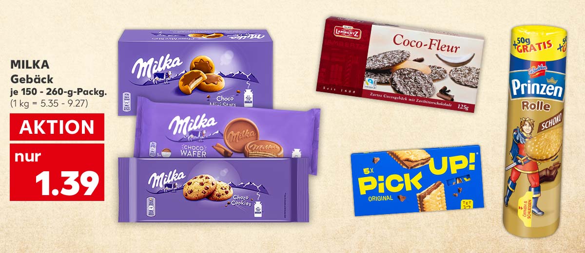 Milka Gebäck, versch. Sorten, je 150 - 260-g-Packg. für 1.39 Euro (1 kg = 5.35 - 9.27); Weitere Produktabbildungen: Lambertz Coco-Fleur, Balena oder Divina, Pick up! Keksriegel, De Beukelaer Prinzen Rolle Schoko
