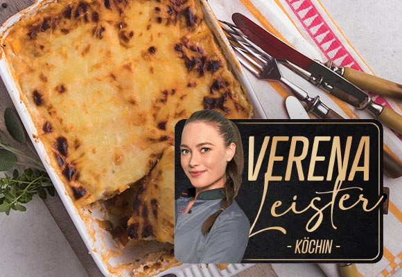 Rezept: Kürbis-Lasagne; Logo und Schriftzug: Verena Leister - Köchin -
