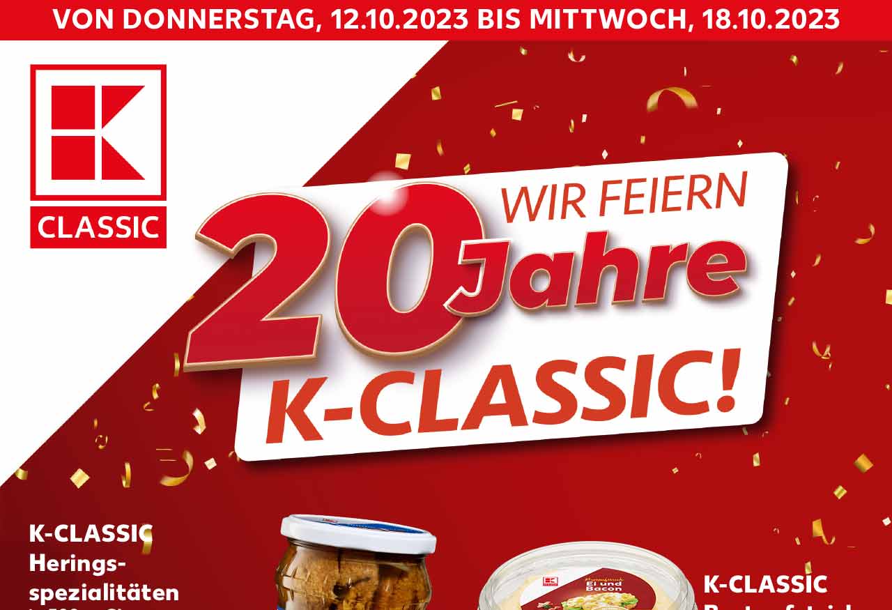 Schriftzug: Von Donnerstag, 12.10.2023 bis Mittwoch, 18.10.2023; Wir feiern 20 Jahre K-Classic!; Logo: K-Classic; Hintergrund: Goldenes Konfetti