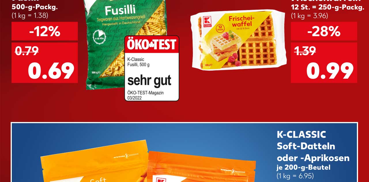K-Classic Fusilli, 500-g-Packg. für 0.69 Euro (1 kg = 1.38); Logo: Öko-Test, sehr gut; K-Classic Frischeiwaffeln, 12 St. = 250-g-Packg. für 0.99 Euro (1 kg = 3.96)