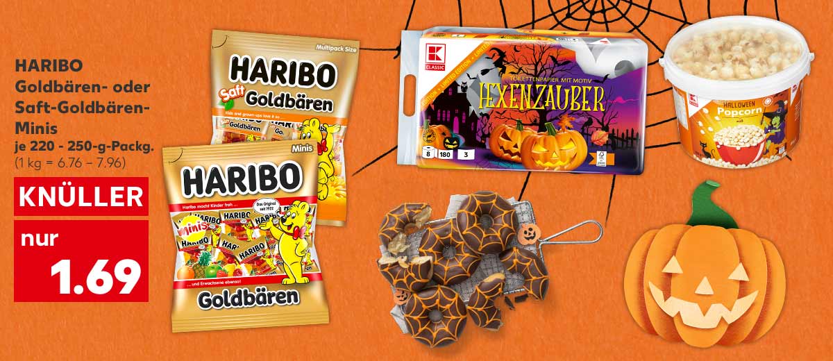 Haribo Goldbären- oder Saft-Goldbären-Minis, je 220 - 250-g-Packg. für 1.69 Euro (1 kg = 6.76 – 7.96); Weitere Produktabbildungen: Halloweendonut, K-Classic Toilettenpapier mit Motiv, K-Classic Popcorn; Abbildung: Ein Spinnennetz und ein Kürbis mit Halloween Schnitzereien