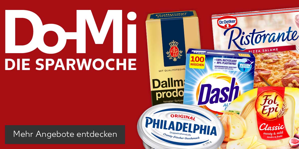 Schriftzug: Do-Mi Die Sparwoche; Produktabbildungen: Dallmayr Prodomo, Philadelphia Frischkäsezubereitung, Dash Voll- oder Colorwaschmittel, Dr. Oetker Ristorante Pizza, Fol Epi oder British Heritage Schnittkäse oder Cheddar; Button: Mehr Angebote entdecken