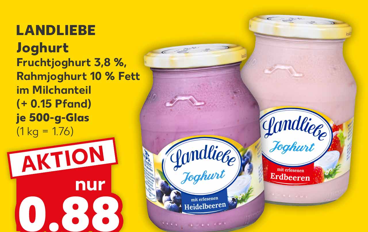 Landliebe Joghurt, versch. Sorten, Fruchtjoghurt 3,8 %, Rahmjoghurt 10 % Fett im Milchanteil, (+ 0.15 Pfand), je 500-g-Glas für 0.88 Euro (1 kg = 1.76)