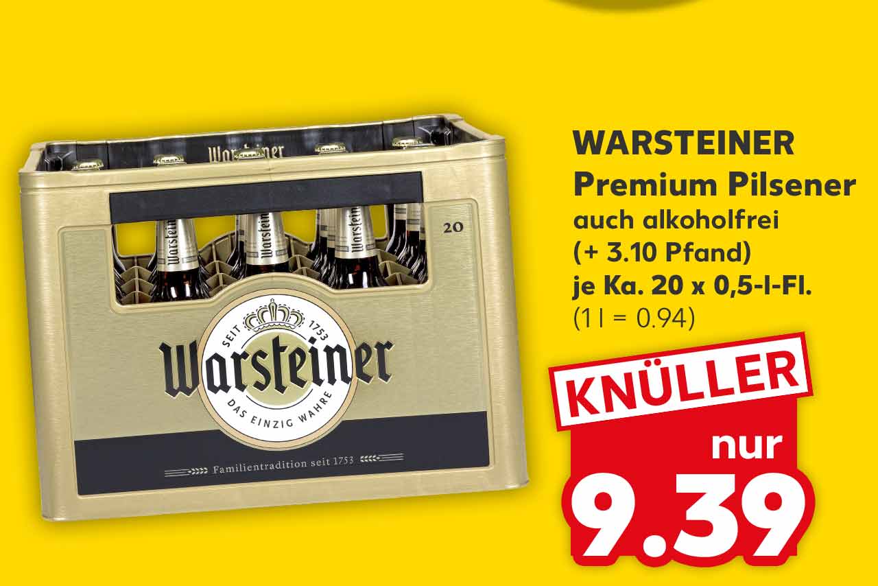 Warsteiner Premium Pilsener, auch alkoholfrei, (+ 3.10 Pfand), je Ka. 20 x 0,5-l-Fl. für 9.39 Euro (1 l = 0.94)