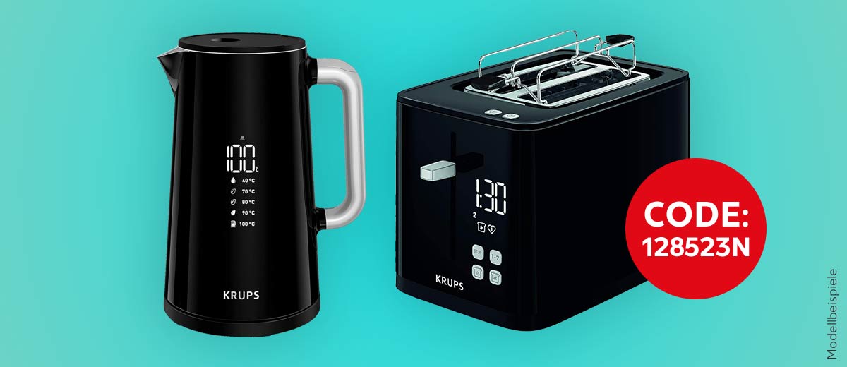 Abbildung: Krups Wasserkocher Smart'n Light BW8018 und Krups Toaster Smart'n Light KH6418; Störer: Code: 128523N; Schriftzug: Modellbeispiele