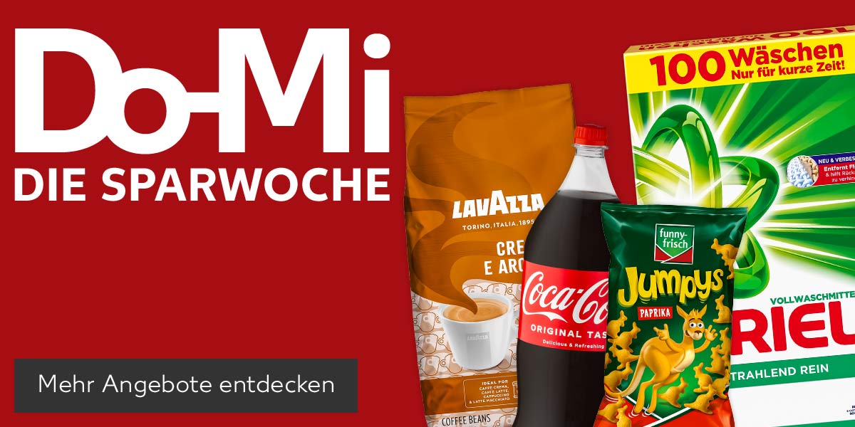 Schriftzug: Do-Mi Die Sparwoche; Produktabbildungen: Kerrygold Butter, Lavazza Crema e Aroma, Coca-Cola oder Fanta Erfrischungsgetränk, Funny-Frisch Knuspersnack, Ariel Voll- oder Colorwaschmittel; Button: Mehr Angebote entdecken