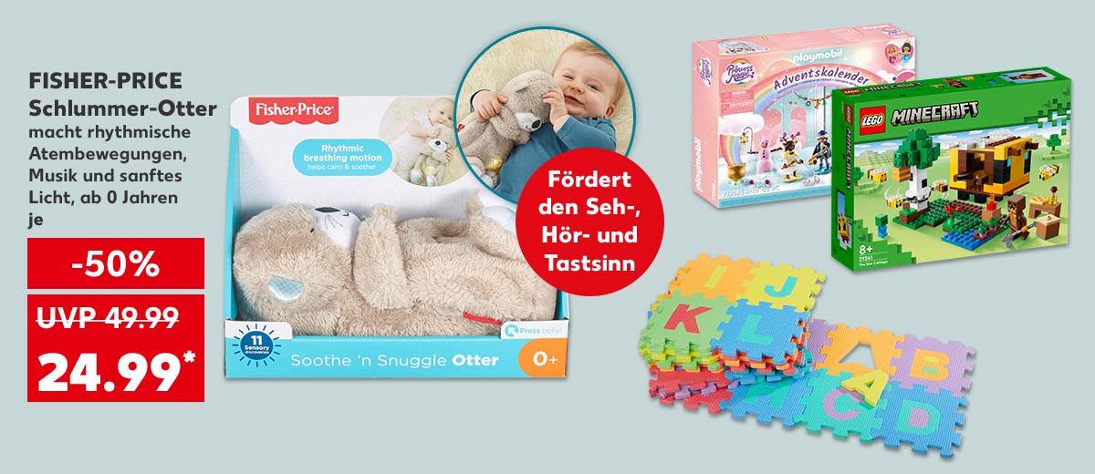 Fisher-Price Schlummer-Otter, macht rhythmische Atembewegungen, Musik und sanftes Licht, ab 0 Jahren, je für 24.99 Euro* (UVP = 49.99 Euro); Störer: Fördert den Seh-, Hör- und Tastsinn; Weitere Produktabbildungen: Lego Spielsets, Puzzlematte, Playmobil Adventskalender